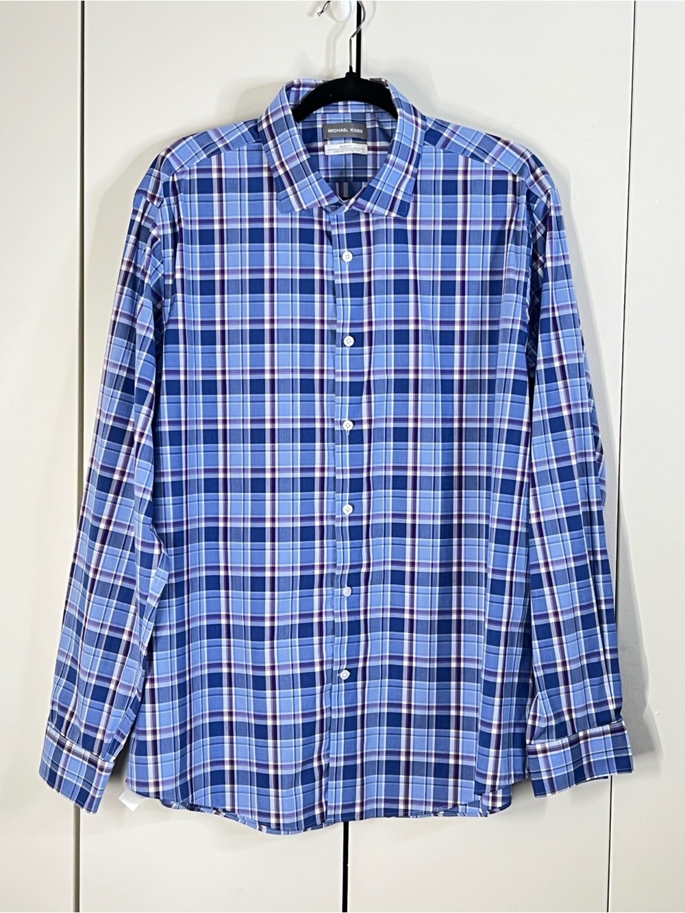 MICHAEL KORS Menβs XL Blue Plaid Button Up Dress Shirt